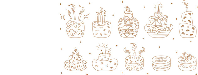 Set of hand draw cakes isolated on white in line art style. Cake for birthday, celebration, holiday. Vector illustration. Sparklers, candle, chocolate, strawberry, cream,heart.coloring book. - obrazy, fototapety, plakaty