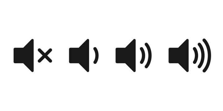 Speaker volume icons with sound waves. Volume up, down, and mute collection. Vector illustration