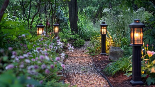Solar landscape lights along a garden path