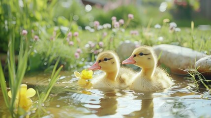 Playful ducklings joyfully waddling by a shimmering pond in the gentle warmth of the sunlight