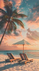 Beautiful tropical beach banner. White sand and coco palms travel tourism wide panorama background concept. Amazing beach landscape. AI generated illustration