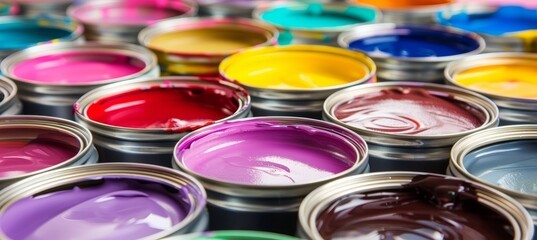 Various open paint containers displayed on a vibrant and diverse multicolored background