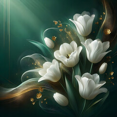 Piękna tapeta, białe tulipany na zielonym tle, dekoracja generative ai