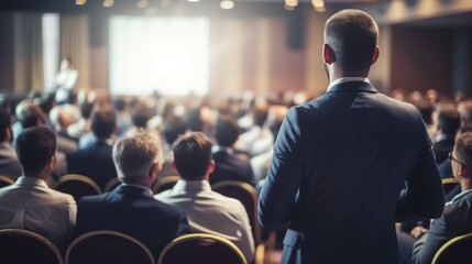 Speaker making a presentation at a corporate business conference