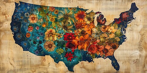 A Watercolor Florals Map of the USA - obrazy, fototapety, plakaty
