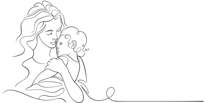 recommend clip art: Mother and baby line art. Mom hugs child. Motherhood and newborn concept. Happy mother line vector illustration. Parent loving kid, happy mother day design for card