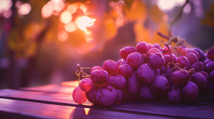 Cacho de uvas roxas em um mesa no fundo desfocado