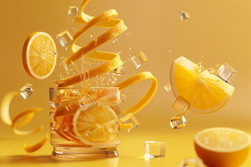 limonade à l'orange avec les rubans d'écorce, des rondelles et quartier de fruit avec des glaçons, boisson estivale rafraîchissante sur un fond jaune beige - obrazy, fototapety, plakaty