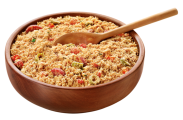 receita brasileira de farofa com linguiça, bacon, azeitona, cebola e tomate isolado em fundo transparente