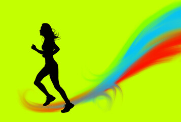 Fototapeta na wymiar black silhouette of a woman running in the morning on a colorful abstract green background