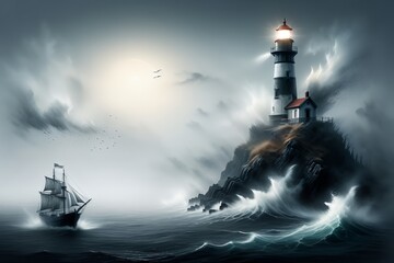 a lighthouse shows the way to a ship - obrazy, fototapety, plakaty
