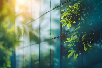 Sustainable Glass Office Building Surrounded by Nature: A Vision of Eco-Friendly Design and Climate Impact. Concept Sustainable Architecture, Eco-Friendly Design, Glass Office Building