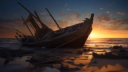 Rolgordijnen boat on the sea, An HD capture of a shipwreck aftermath: two boats entangled, their collision unraveling the mystery of the "empty ship effect," where the vessel’s interior holds memories and emotions © Hasnain Arts
