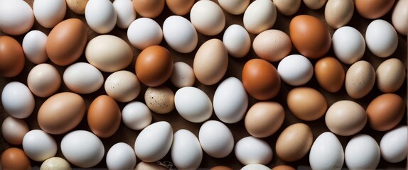 Chicken eggs of different colors and sizes.