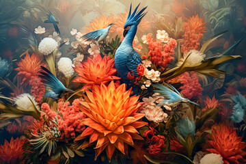 A painting of a colorful flower garden with a blue bird on top