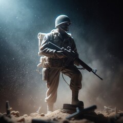 Naklejka premium A dramatic and cinematic picture of a group of toy soldiers, with detailed focus on their expressions and features, set against a dark and moody background