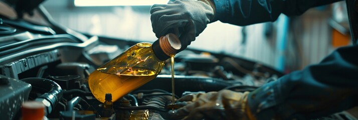 The Precision of Performance  Refueling and Maintenance of a Car Engine, Symbolizing the Essence of Automotive Care - obrazy, fototapety, plakaty