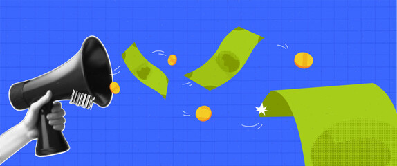Loud budget concept. Hand hold loudspeaker with flying money and coins. Collage trendy style. Mixmedia halftone effect. Finance vector illustration.