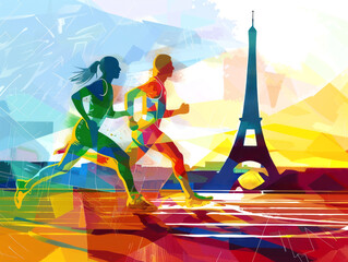 Olympic Games in Paris, marathon athletes running near the Eiffel Tower with abstract background and copy space, drawing. - 768084987