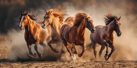  Horses Charging Through Dusty Terrain - obrazy, fototapety, plakaty