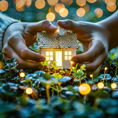Two hands gently hold a small, glowing model house amidst bokeh light, symbolizing home security and comfort