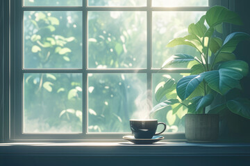 cup with coffee on windowsill background. relax, coffee break , morning breakfast and ritual concept. moment of tranquility, peaceful and simple joys.