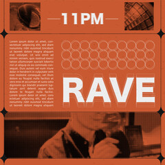 IG Post design template of rave party. With halftone elements with a man who drinks cocktails. Orange and white  and black colors. Grunge trendy collage design. Vector art.