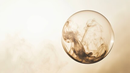A sepia-toned abstract composition featuring a translucent orb with dynamic smoke swirls on a muted background