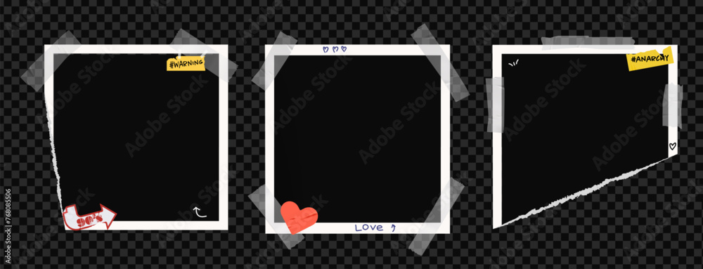 Poster set of square photo frame picture with stickers and tape. vintage ripped paper for album template, w