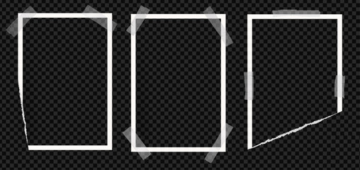 Set of photo frame picture. Vintage ripped paper for album template, White torn photograph. Old vector on transparent background as a png.