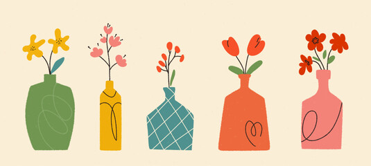 Set of flower vase with doodle lines and paper textute. Pottery illustration of antique objects. Vectore ceramic urn isolated on beige bg.