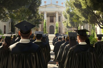 A group of students wearing black gowns and graduation caps stands in front of the university Generative AI