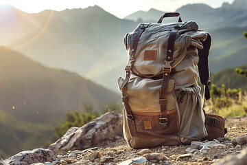 Brown filled tourist hiking backpack that stands on the ground. Mountainous terrain in the background. Concept of mountain and hiking tourism in summer - obrazy, fototapety, plakaty