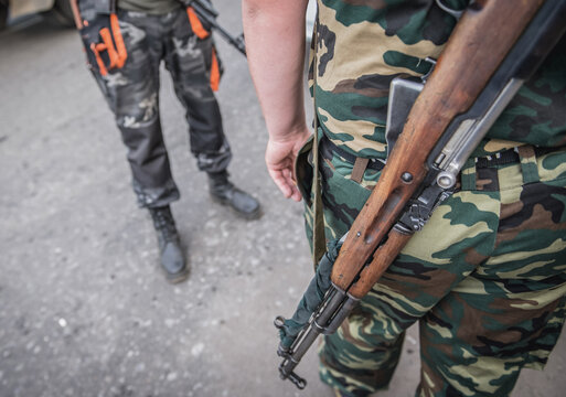 Pro-Russian militia checkpoint near Sloviansk during Russo-Ukrainian War in Donbas region, Ukraine