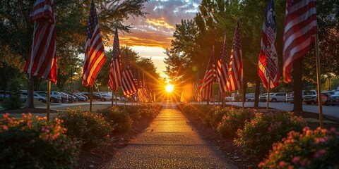  Dawn of Honor, Sunrise between flags - obrazy, fototapety, plakaty