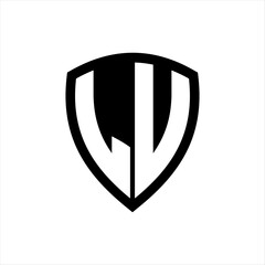 LU monogram logo with bold letters shield shape with black and white color design