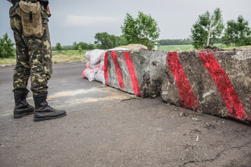 Checkpoint of Armed Forces of Ukraine near Dobropillia during Russo-Ukrainian War in Donbas region,...