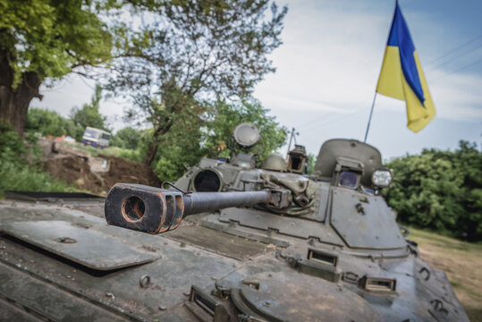 Infantry fighting vehicle on checkpoint of Armed Forces of Ukraine near Dobropillia during War in Donbas, Ukraine