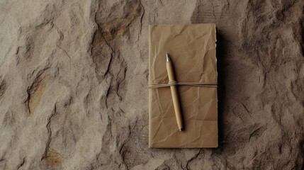 An artistically wrapped journal with a wooden pen on a textured surface evokes a sense of rustic creativity and timeless charm. - obrazy, fototapety, plakaty