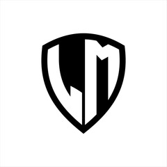 LM monogram logo with bold letters shield shape with black and white color design