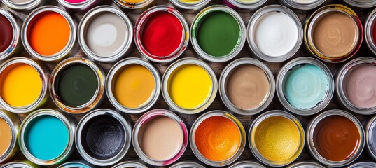 Various open paint cans on colorful background, perfect for vibrant artistic creations