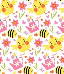 Easter holiday seamless pattern with yellow chicks and flowers