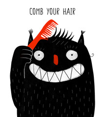 Black Cartoon Monster. Black Happy Monster with Big White Smile, Holding Red Comb. Motivational Graphic Encouraging Children to Comb Their Hair. Hand Drawn Illustration of Smiling Monster.  - 768087168