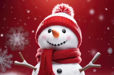 Fotobehang Winter Festive Christmas Background Banner - Close-up of a cute funny laughing snowman in a woolen hat and scarf, on a snowy snowy landscape © Yliya