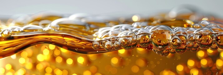 Elegant golden liquid background with oil bubbles and sparkling droplets for stunning visuals