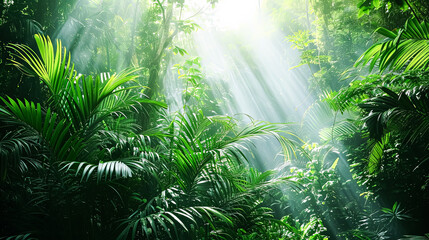 A lush, tropical jungle with a bright sun shining through the trees. - obrazy, fototapety, plakaty
