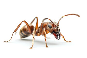 Close-up of an ant on a white background and on a white background with a black and brown stripe