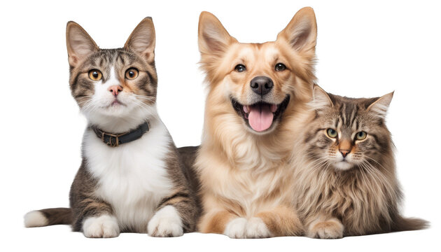 Portrait of Happy dog and cat looking at the camera together and smile isolated on white background