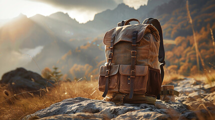 Brown filled tourist hiking backpack that stands on the ground. Mountainous terrain in the background. Concept of mountain and hiking tourism in summer - obrazy, fototapety, plakaty