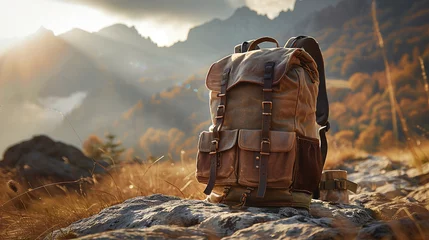 Foto op Plexiglas Brown filled tourist hiking backpack that stands on the ground. Mountainous terrain in the background. Concept of mountain and hiking tourism in summer © CozyDigital